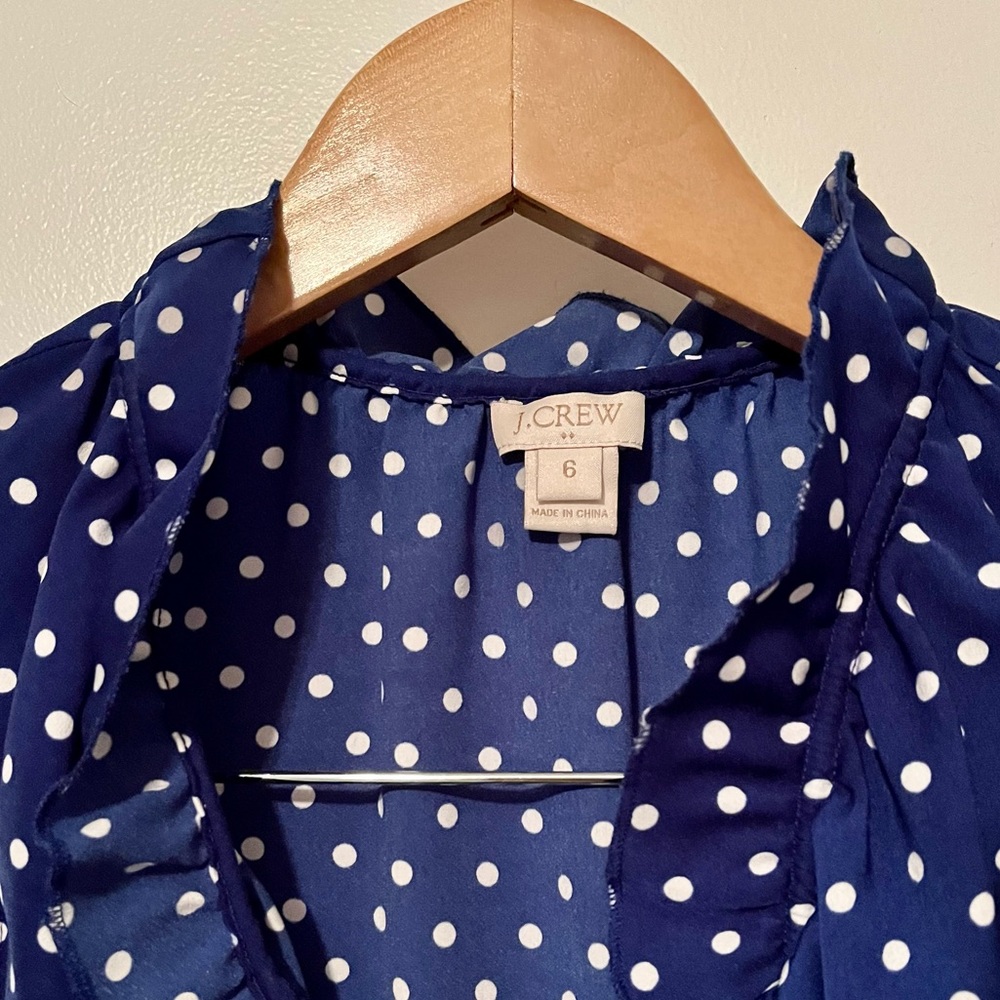 J.Crew Sleeveless Silk White Polka Dot Cobalt Blouse - Picture 3 of 10